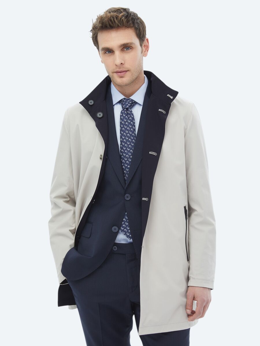 Stone Regular Fit Turtleneck Casual Weaving Double-Sided Rain Coat - 7