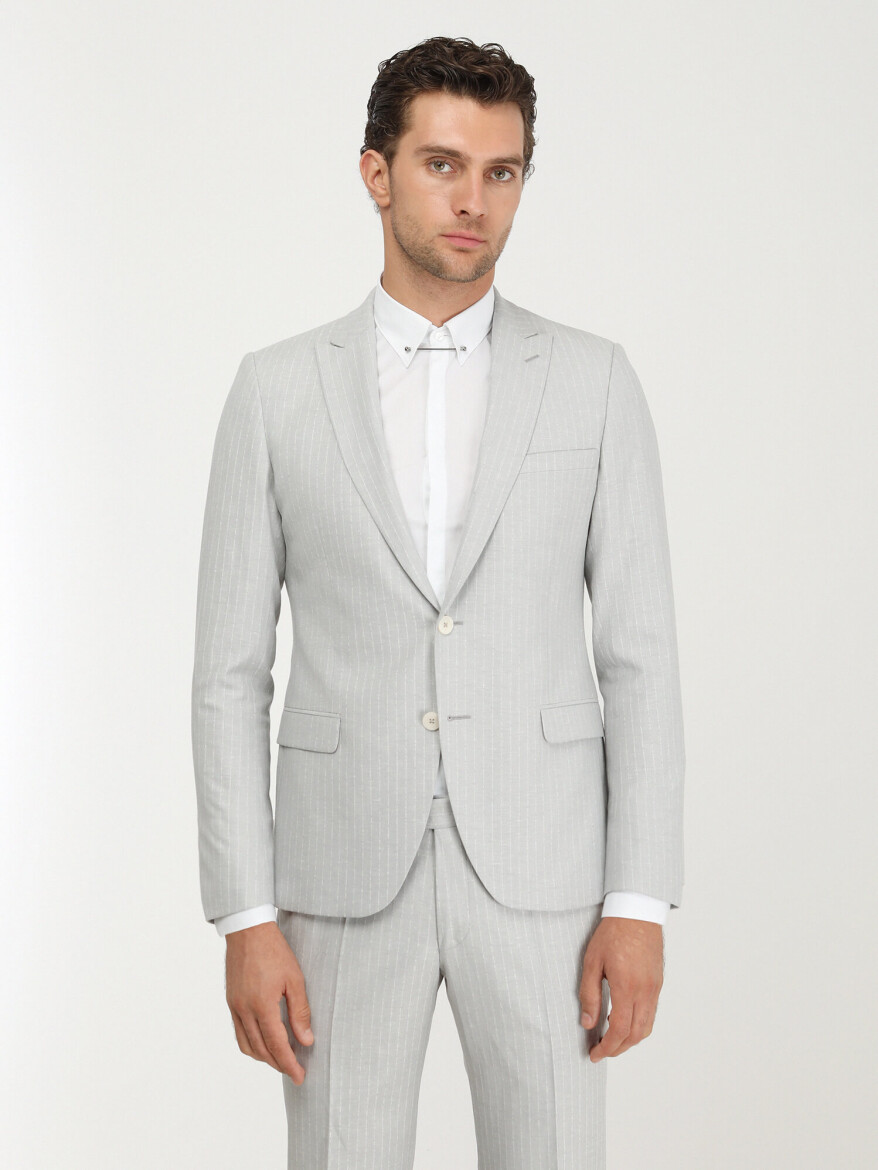 Stone Striped Slim Fit Linen Blended Suit - 1