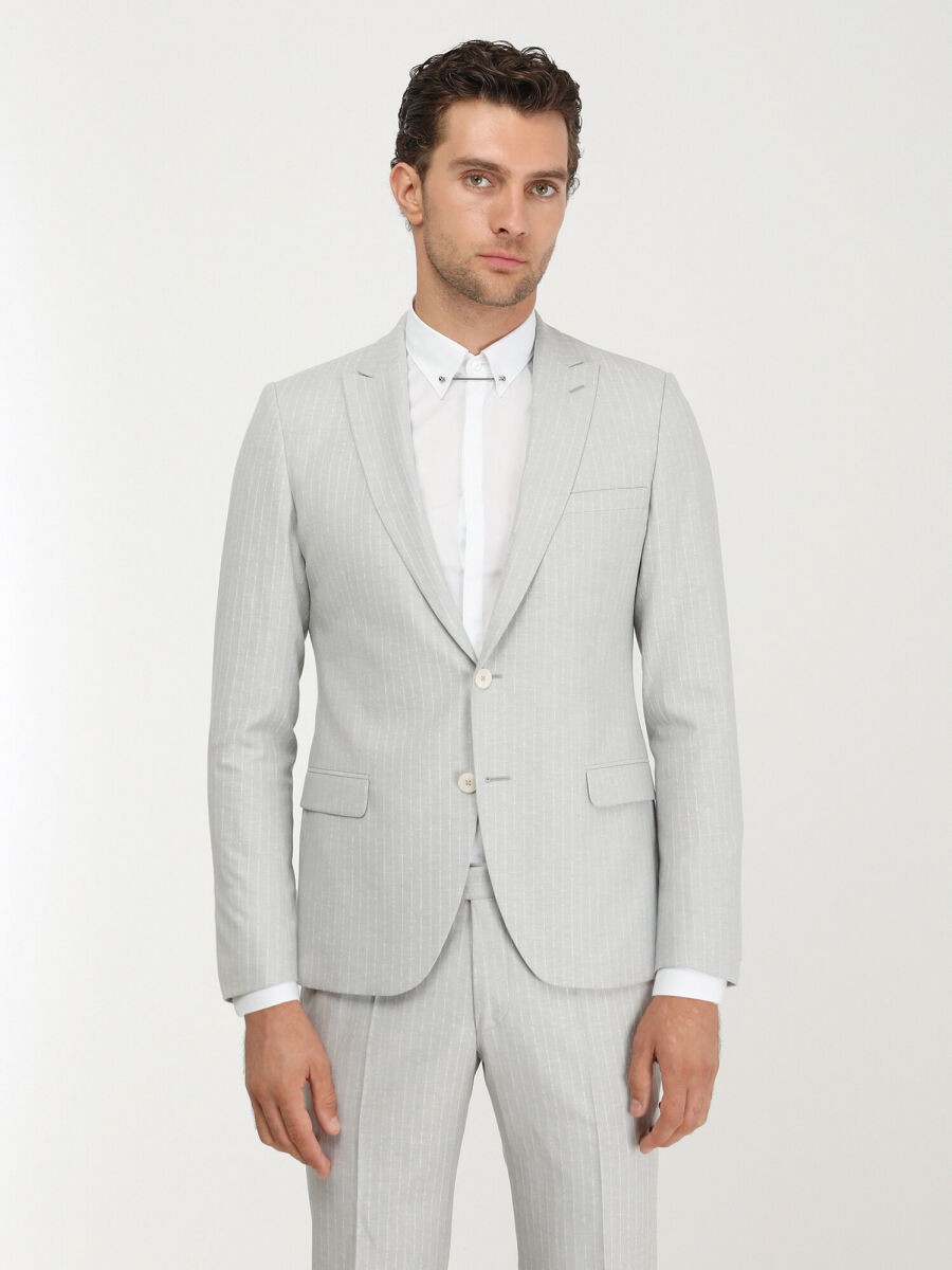 Stone Striped Slim Fit Linen Blended Suit - 1