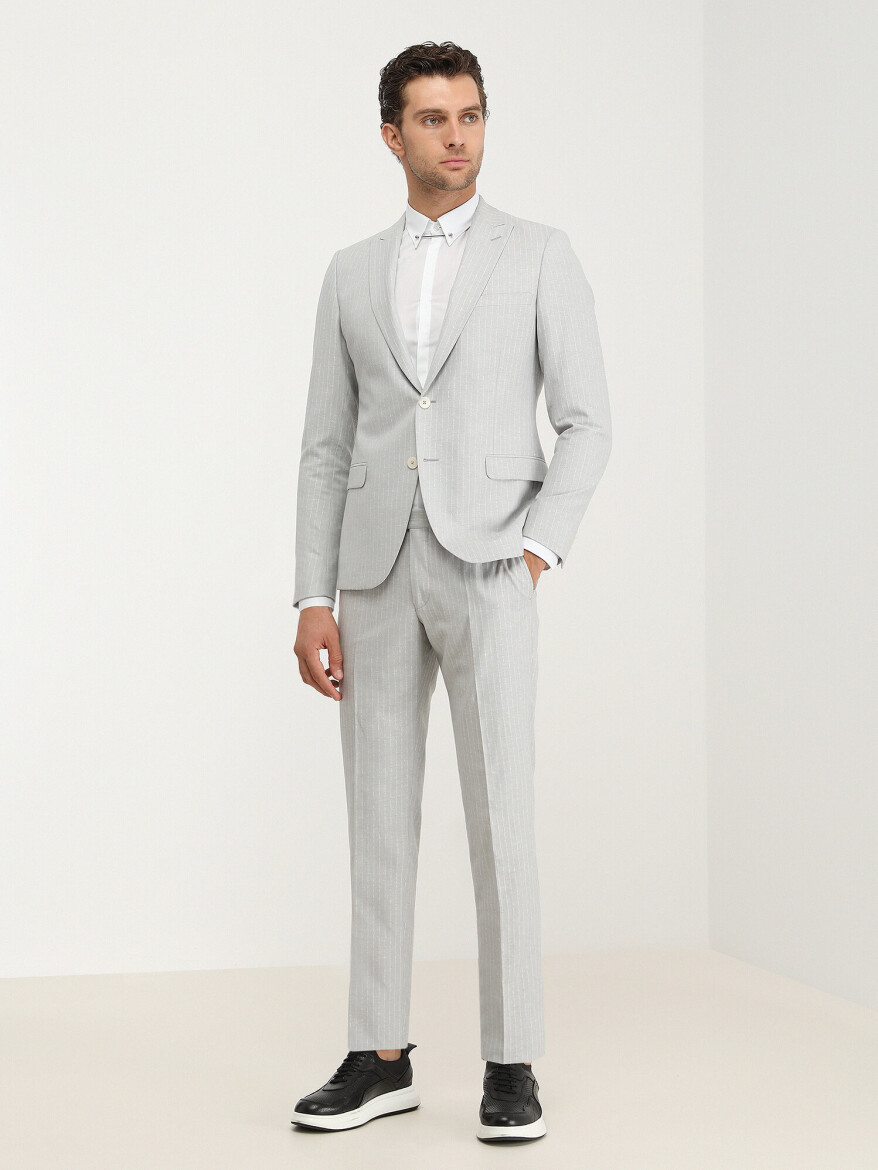 Stone Striped Slim Fit Linen Blended Suit - 2
