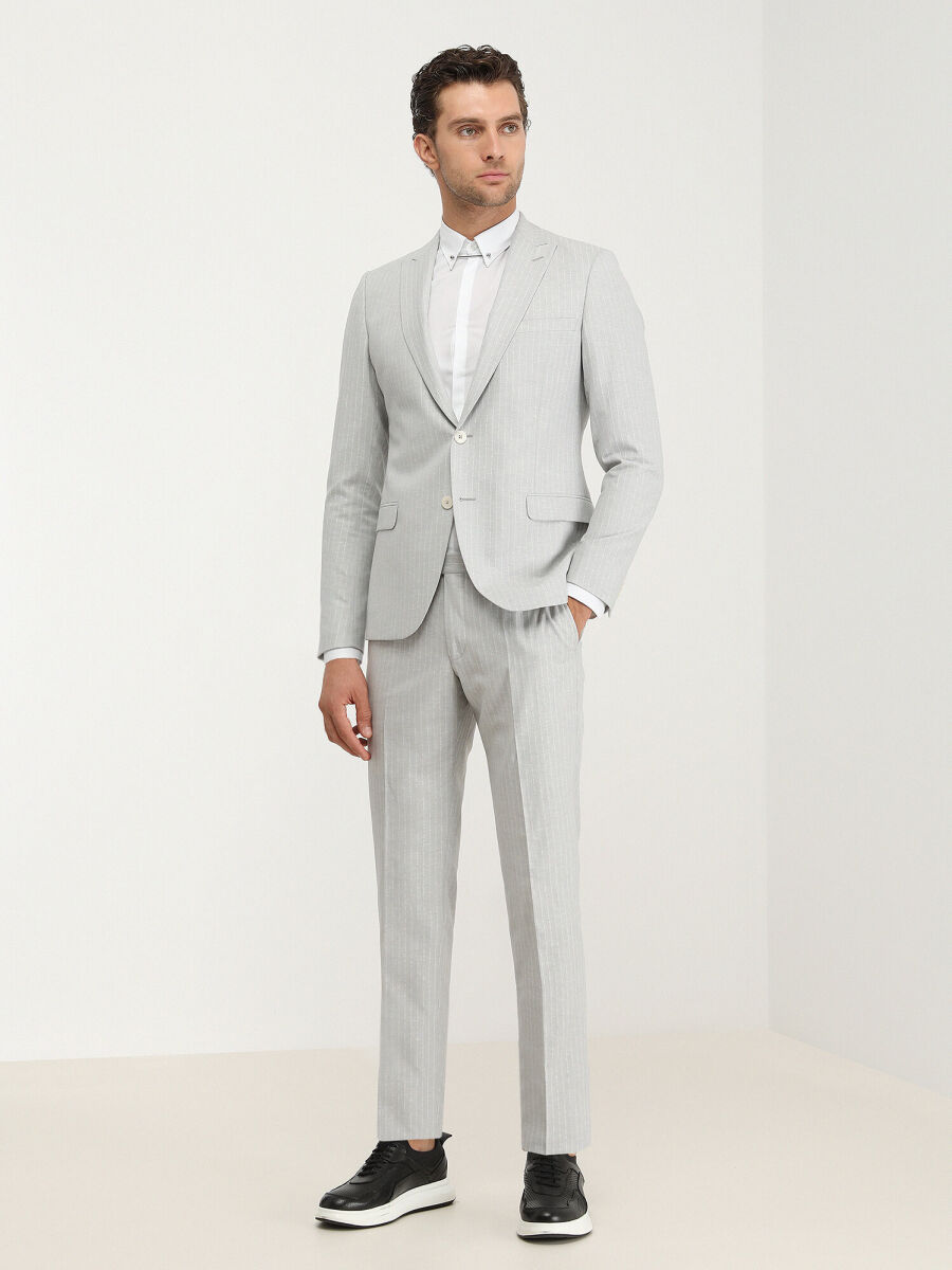 Stone Striped Slim Fit Linen Blended Suit - 2