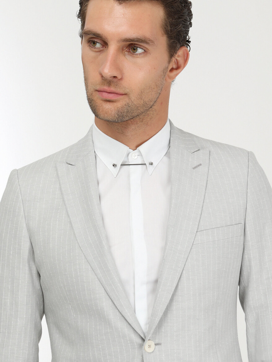 Stone Striped Slim Fit Linen Blended Suit - 3