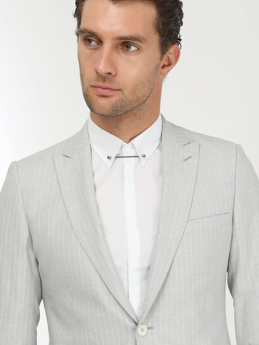 Stone Striped Slim Fit Linen Blended Suit - 3