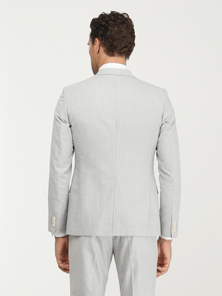Stone Striped Slim Fit Linen Blended Suit - 6