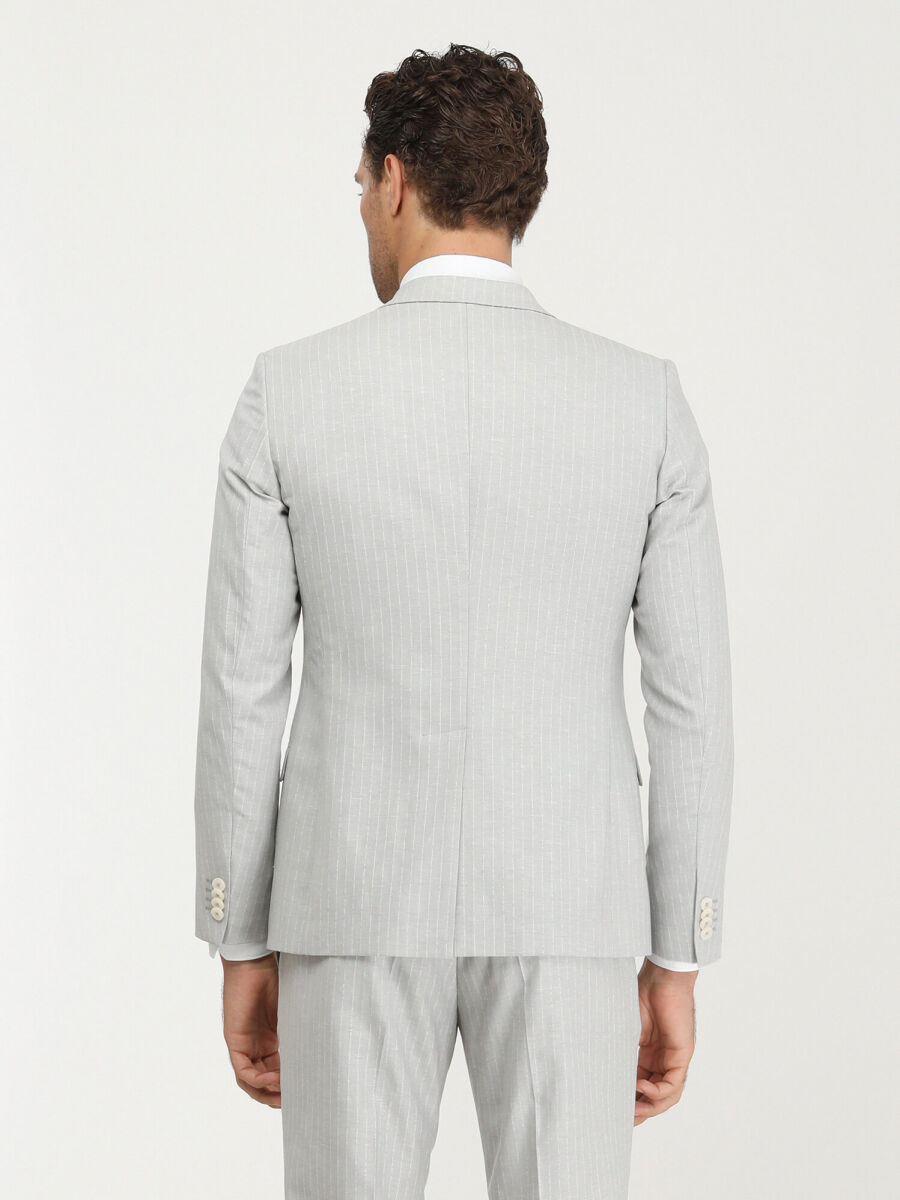 Stone Striped Slim Fit Linen Blended Suit - 6