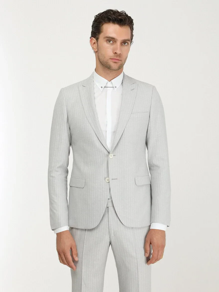 Stone Striped Slim Fit Linen Blended Suit - 1