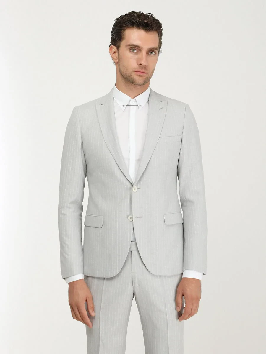 Stone Striped Slim Fit Linen Blended Suit - 1