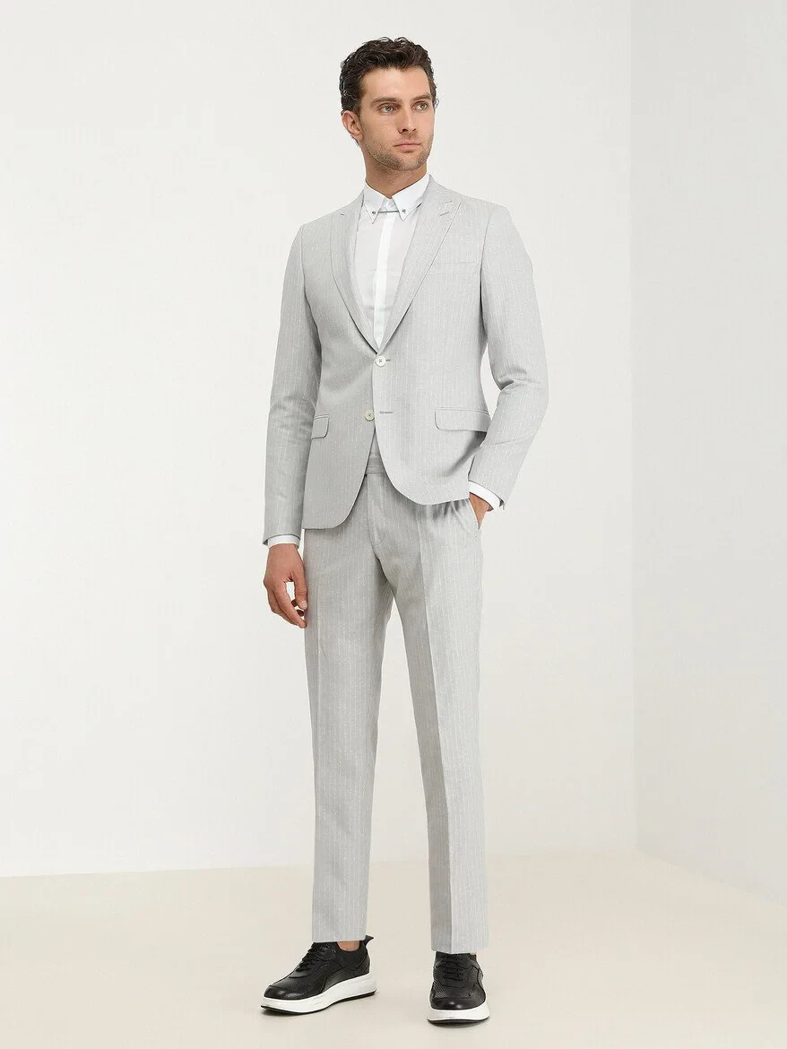 Stone Striped Slim Fit Linen Blended Suit - 2