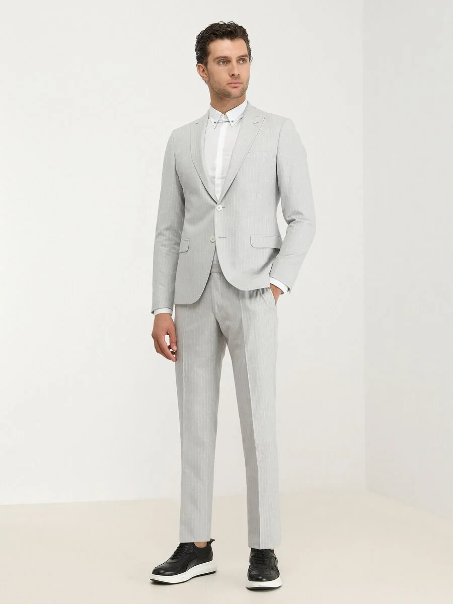 Stone Striped Slim Fit Linen Blended Suit - 2