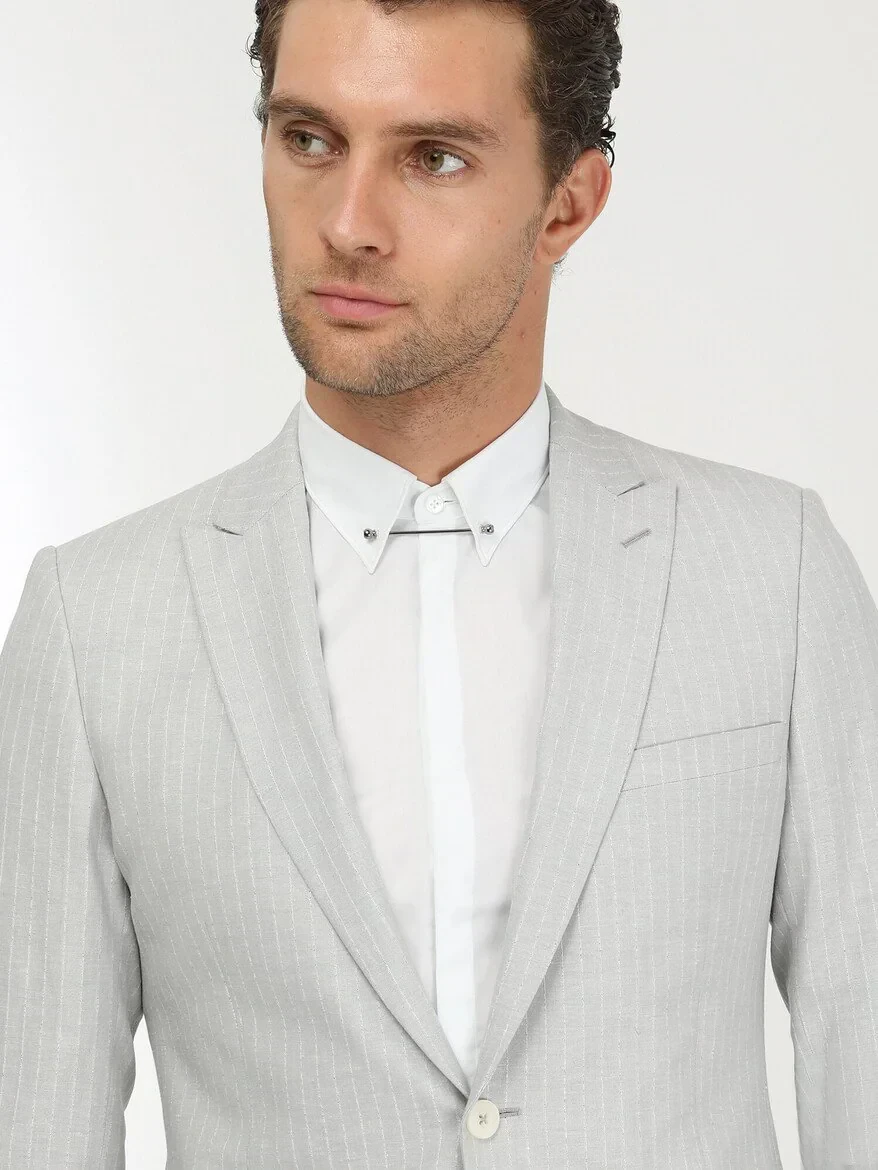 Stone Striped Slim Fit Linen Blended Suit - 3