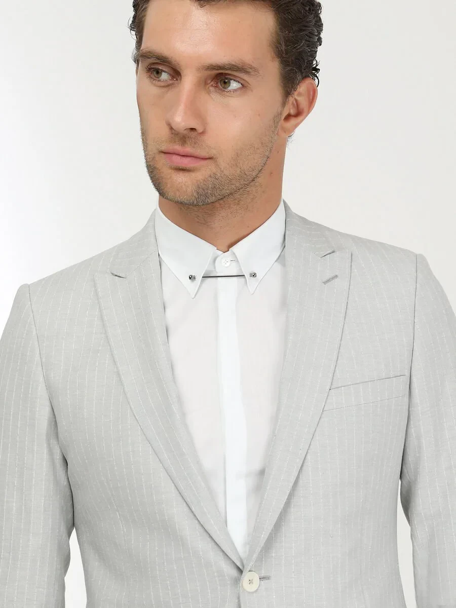 Stone Striped Slim Fit Linen Blended Suit - 3
