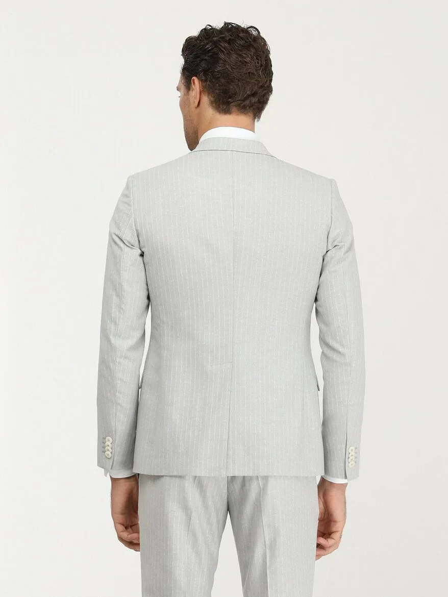 Stone Striped Slim Fit Linen Blended Suit - 6