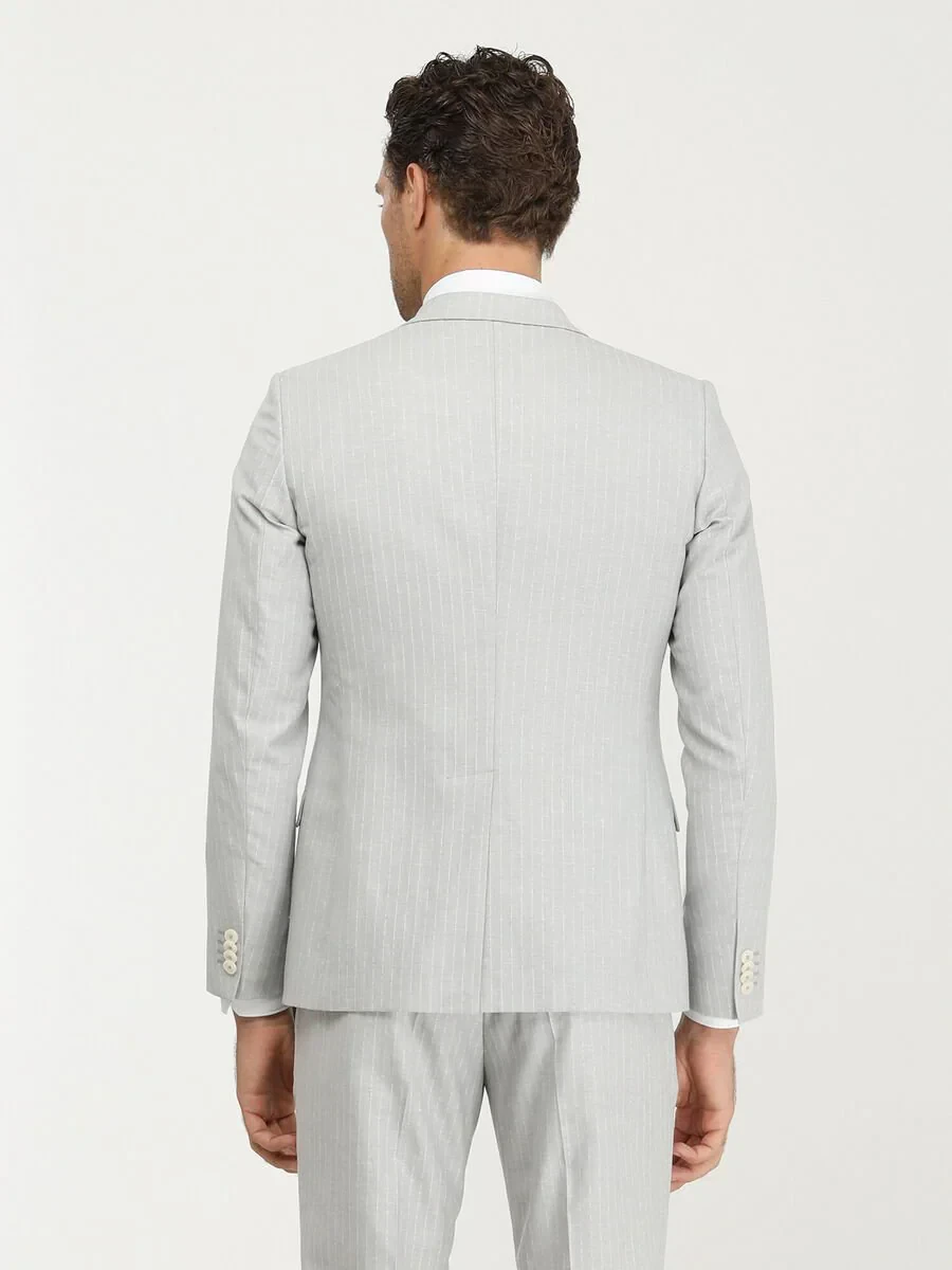 Stone Striped Slim Fit Linen Blended Suit - 6