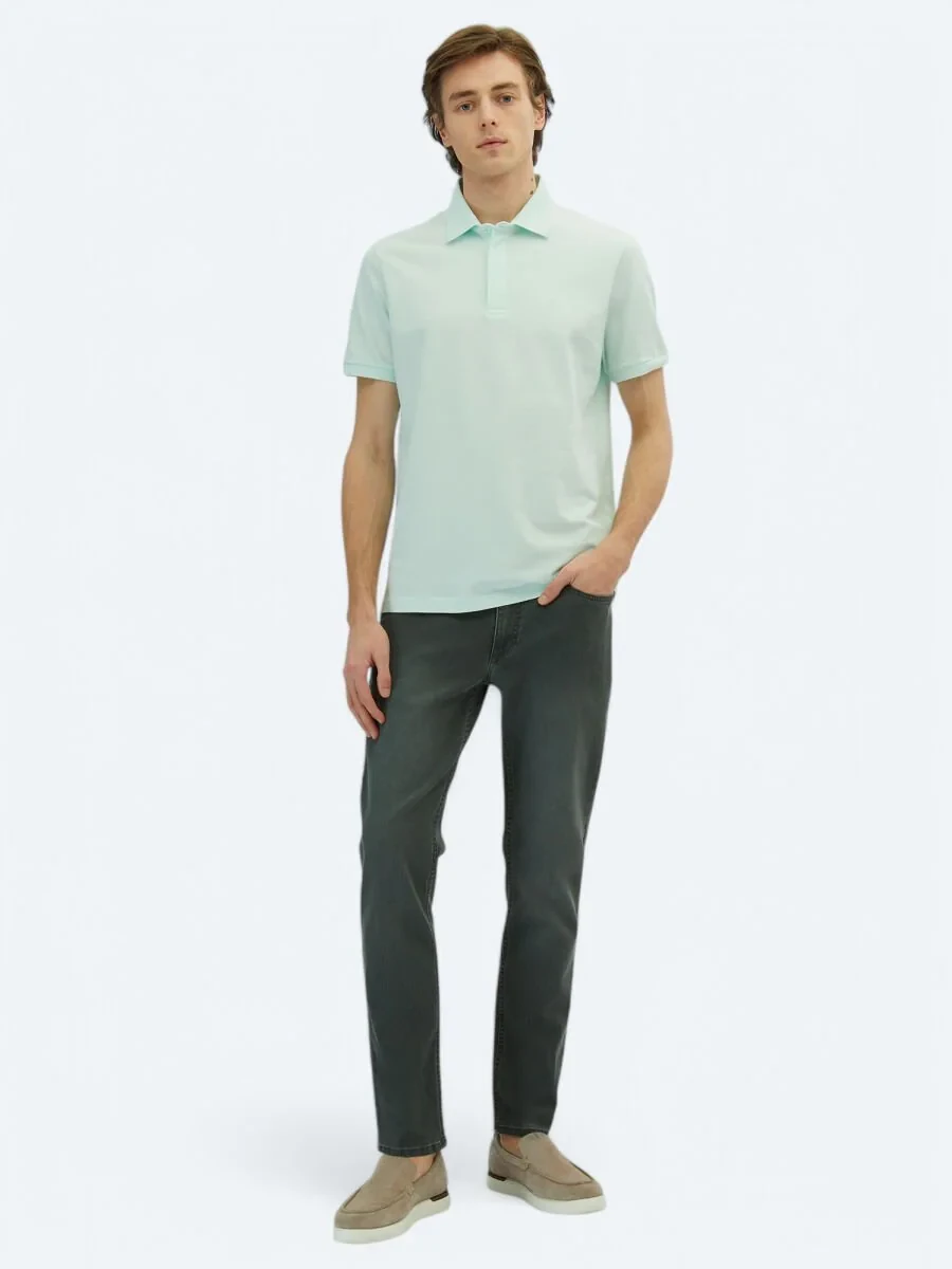 Su Yeşili Düz Polo Yaka %100 Pamuk T-Shirt - 2