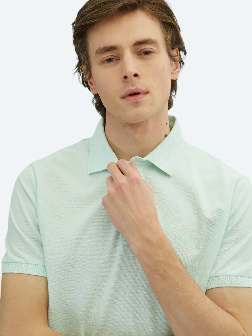 Su Yeşili Düz Polo Yaka %100 Pamuk T-Shirt 