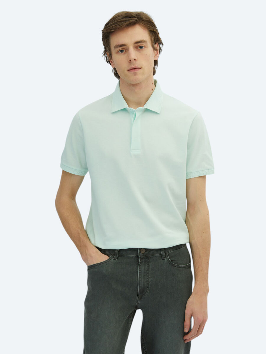 Su Yeşili Düz Polo Yaka %100 Pamuk T-Shirt - 1