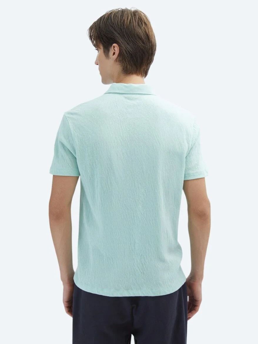 Su Yeşili Düz Polo Yaka Pamuk Karışımlı T-Shirt - 4