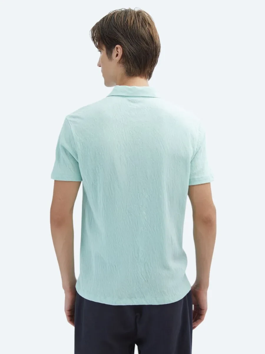 Su Yeşili Düz Polo Yaka Pamuk Karışımlı T-Shirt - 4