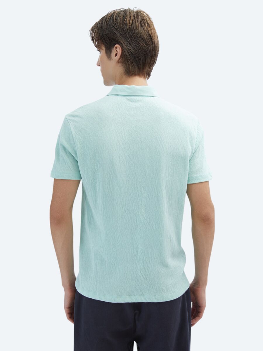 Su Yeşili Düz Polo Yaka Pamuk Karışımlı T-Shirt - 4