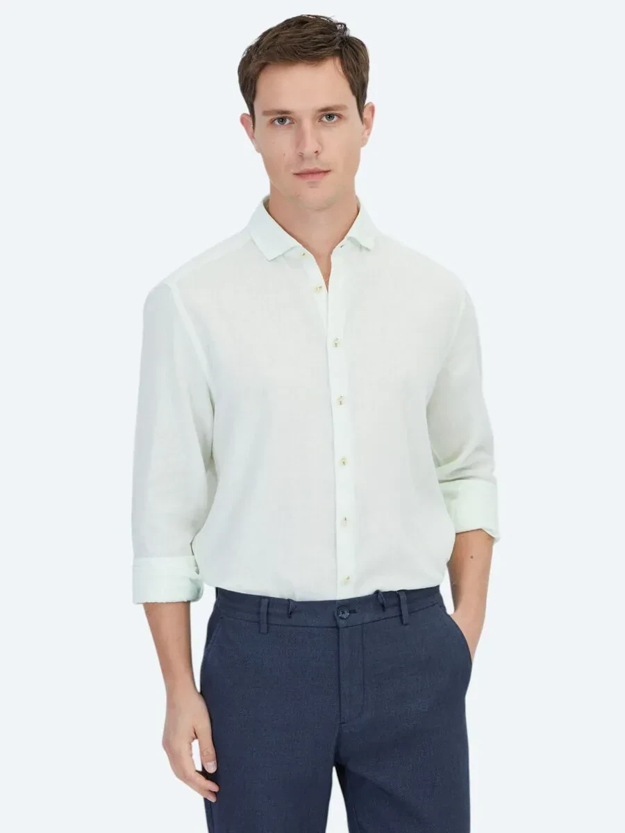 Su Yeşili Düz Regular Fit Dokuma Casual Pamuk Karışımlı Gömlek - 1