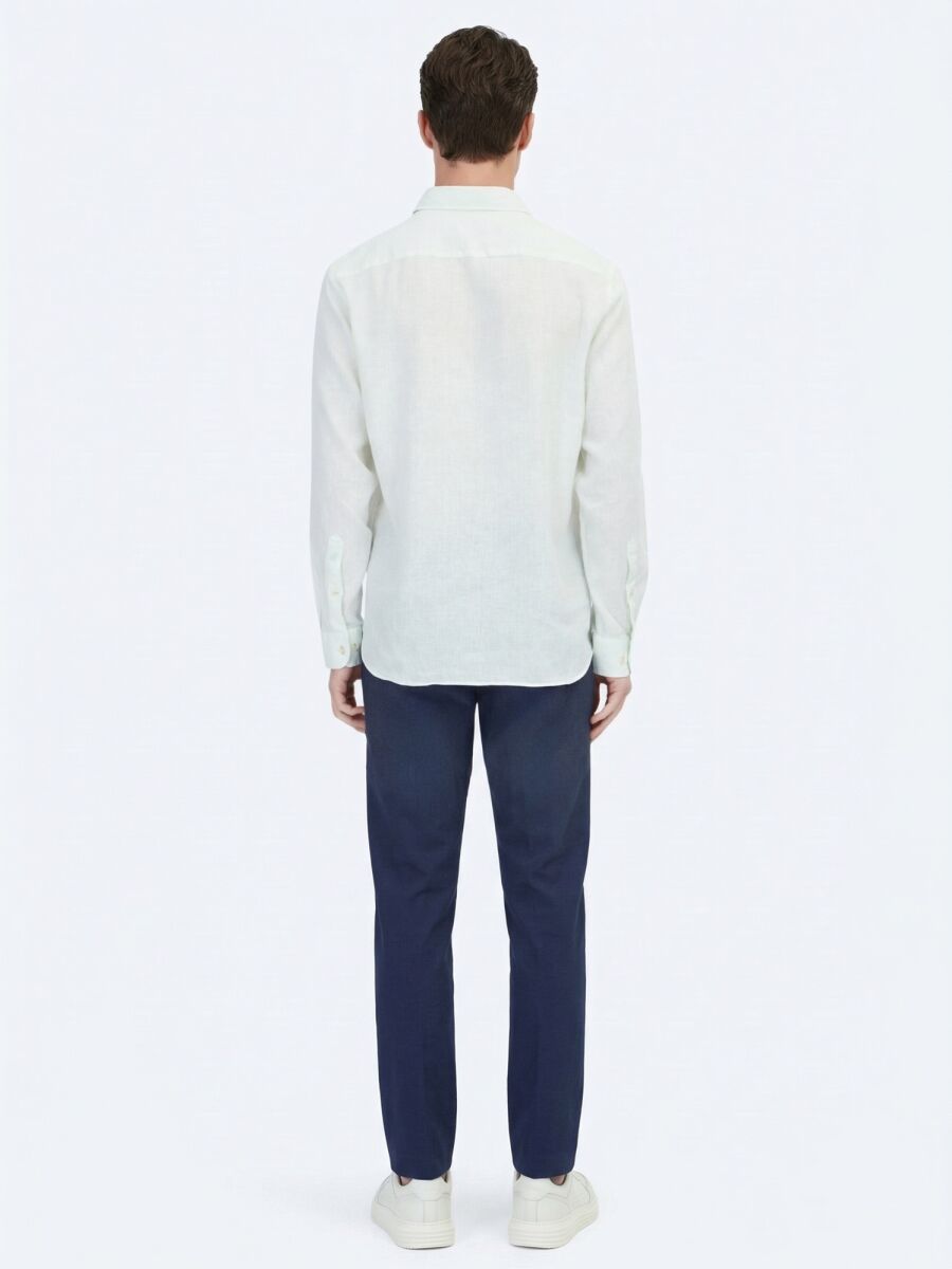Su Yeşili Düz Regular Fit Uzun Dokuma Casual Pamuk Karışımlı Gömlek - 4