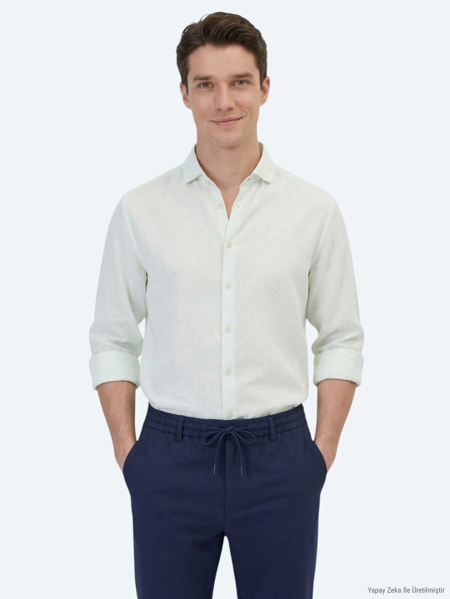 Su Yeşili Düz Regular Fit Uzun Dokuma Casual Pamuk Karışımlı Gömlek 