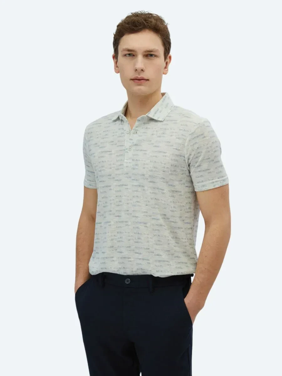 Taş Baskılı Polo Yaka Pamuk Karışımlı T-Shirt - 1