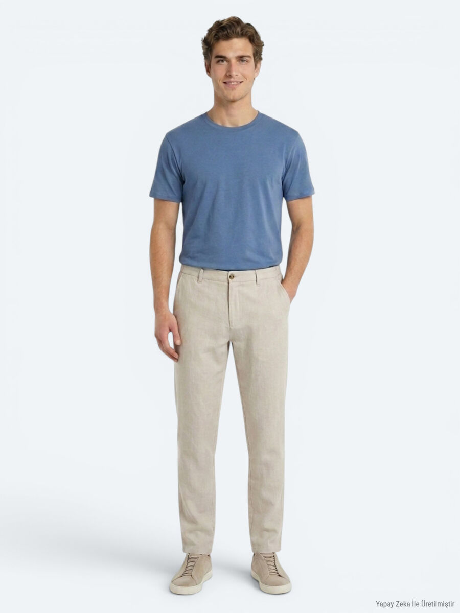 Taş Düz Dokuma Jogging Fit Casual %100 Keten Pantolon - 1