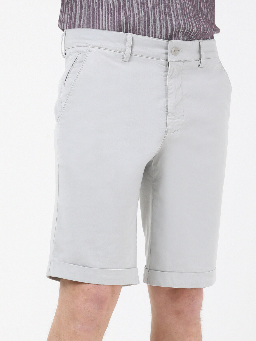 Taş Düz Dokuma Slim Fit Casual Pamuk Karışımlı Bermuda - 3