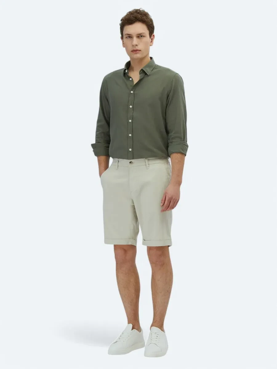 Taş Düz Dokuma Slim Fit Casual Pamuk Karışımlı Bermuda - 1