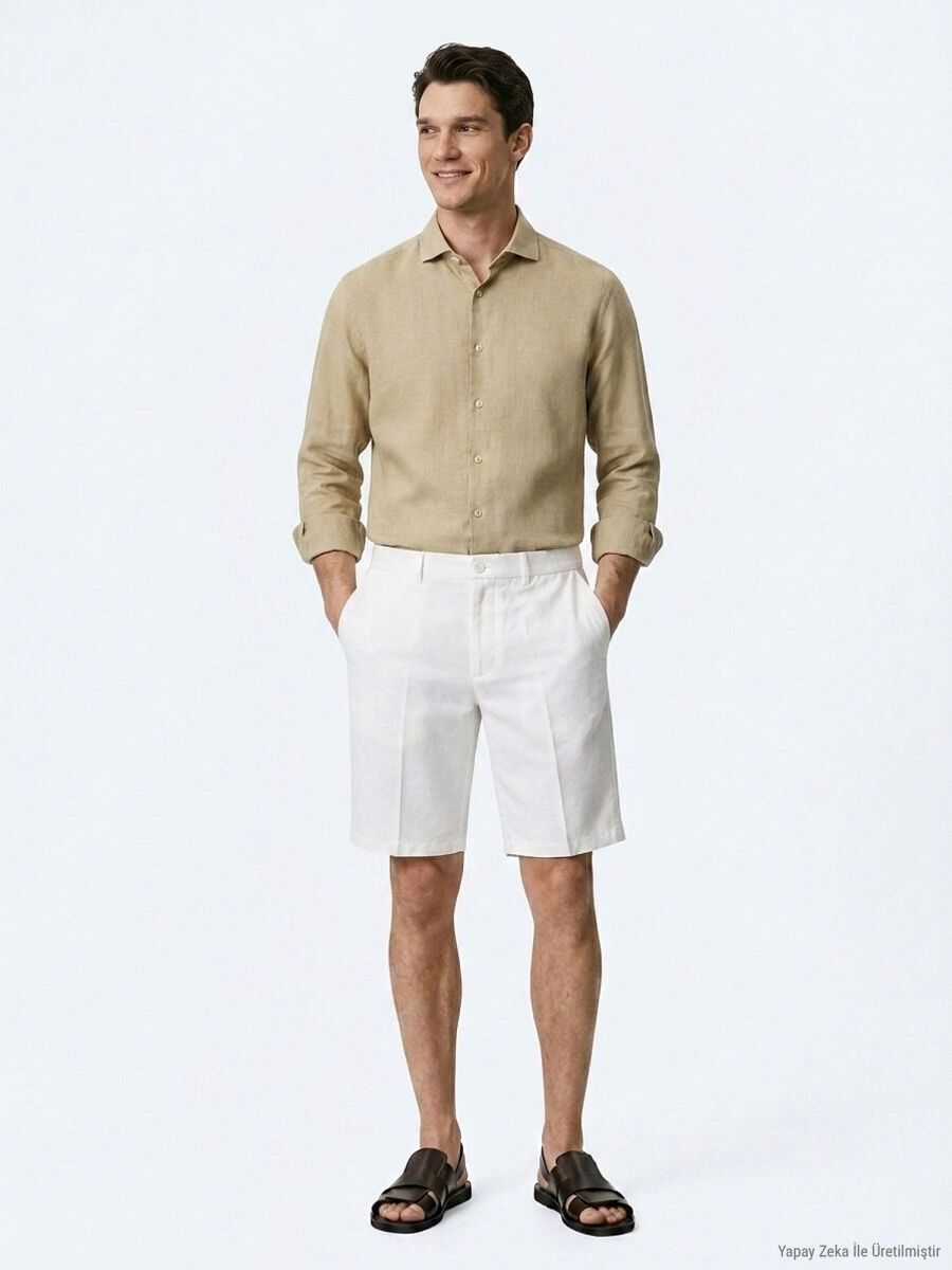 Taş Düz Kumaş Jogging Fit Casual Pamuk Karışımlı Bermuda - 1
