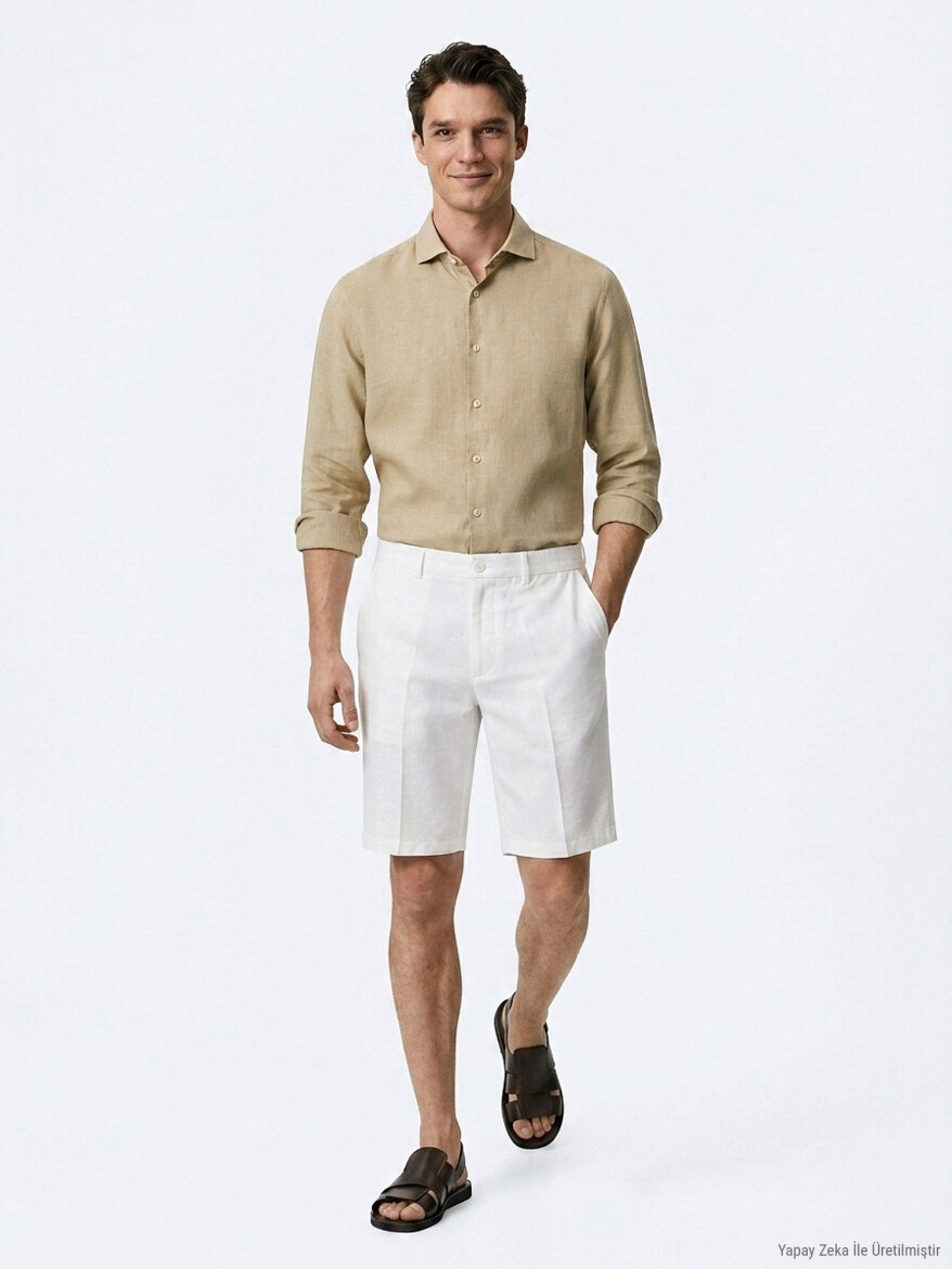 Taş Düz Kumaş Jogging Fit Casual Pamuk Karışımlı Bermuda - 3