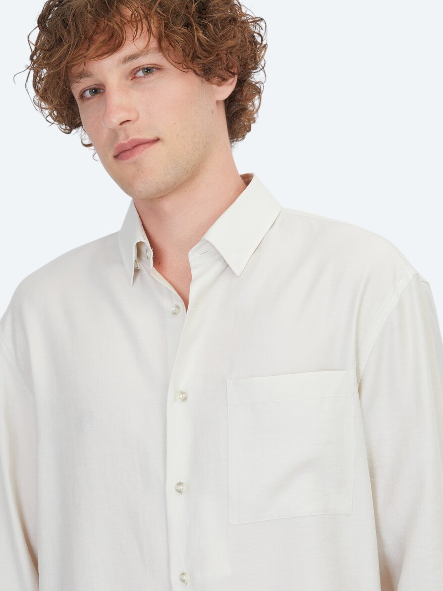 Taş Düz Oversize Fit Uzun Dokuma Casual Gömlek - 4