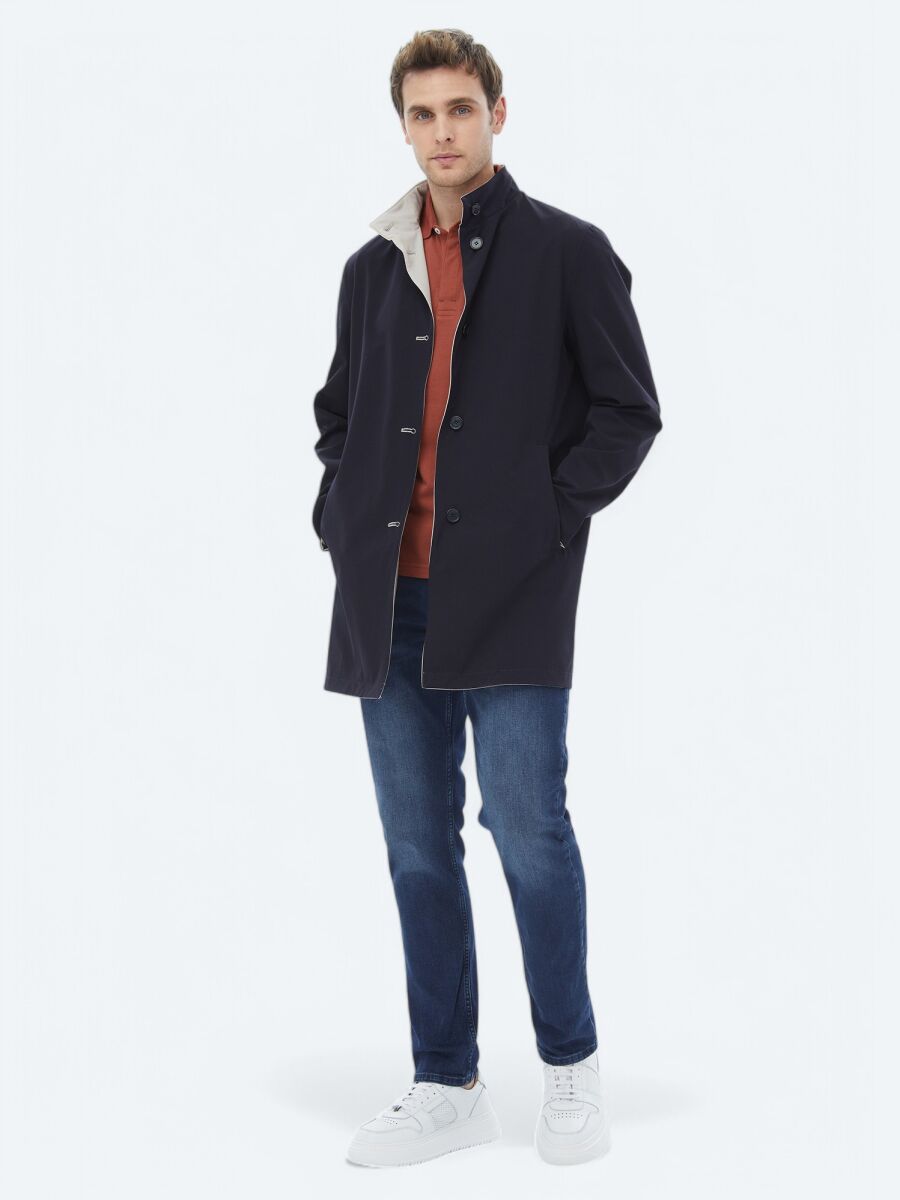 Taş Regular Fit Dik Yaka Casual Dokuma Çift Taraflı Pardösü - 4