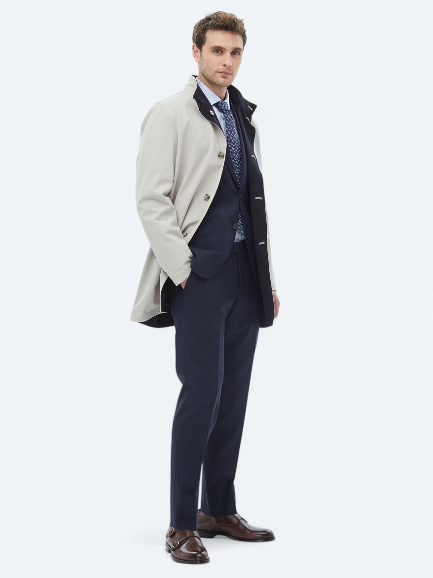 Taş Regular Fit Dik Yaka Casual Dokuma Çift Taraflı Pardösü - 5