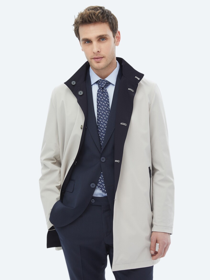 Taş Regular Fit Dik Yaka Casual Dokuma Çift Taraflı Pardösü - 7