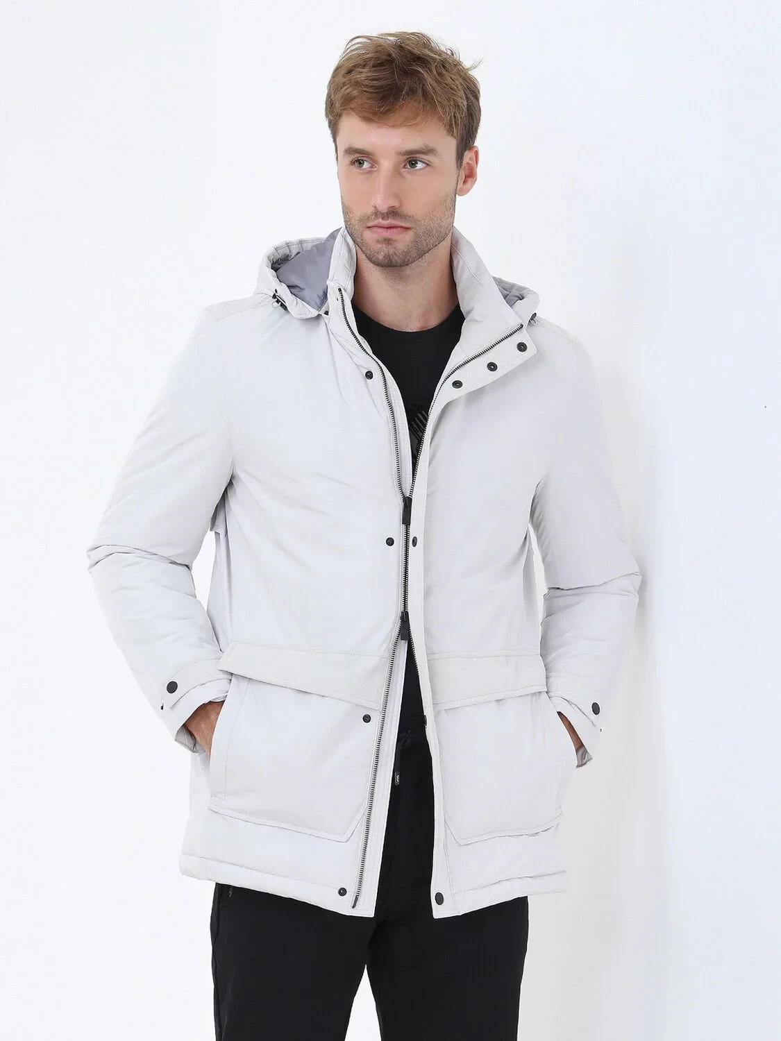 Taş Regular Fit Kapüşonlu Casual Dokuma Kaban - 1