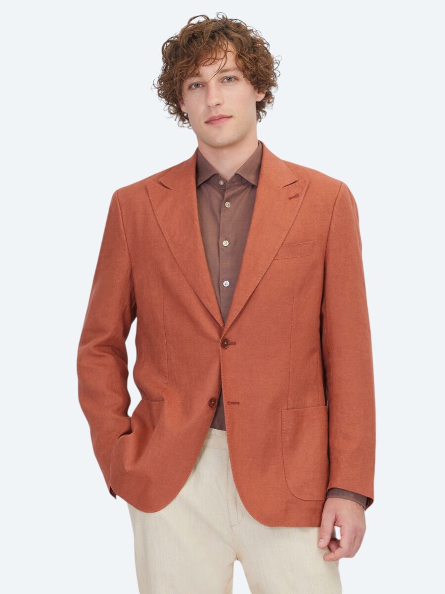 Tile Red Plain Modern Fit 100% Linen Jacket - 1