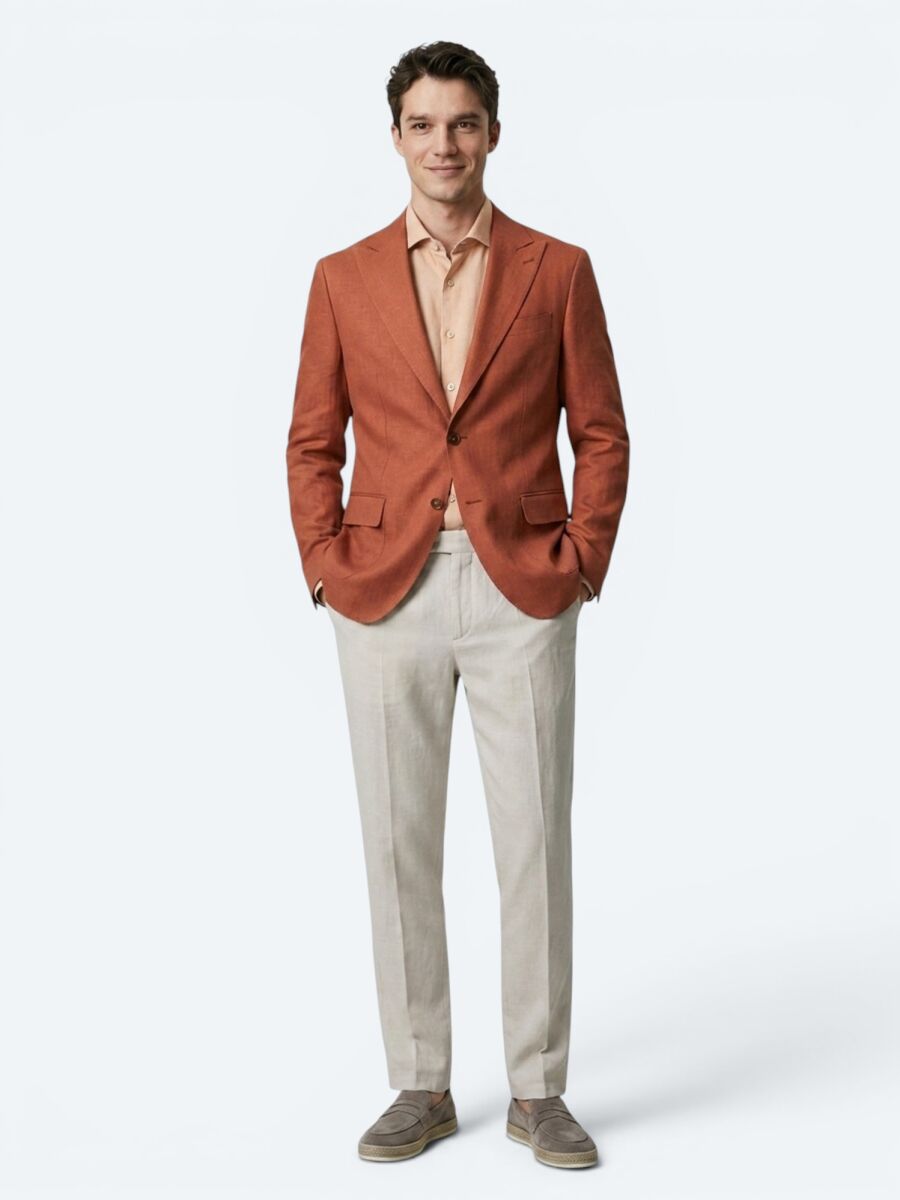 Tile Red Plain Modern Fit 100% Linen Jacket - 2