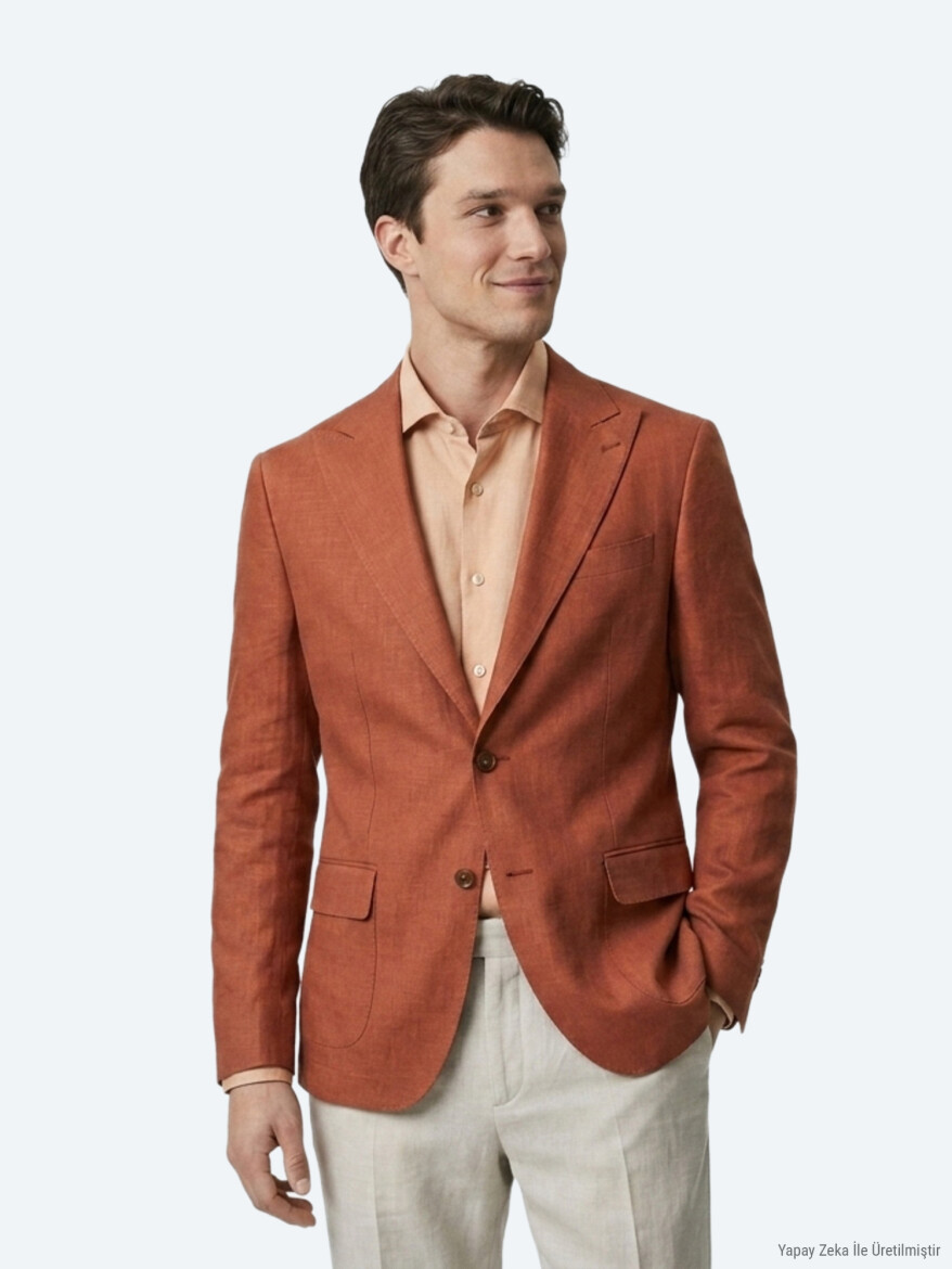 Tile Red Plain Modern Fit 100% Linen Jacket - KİP