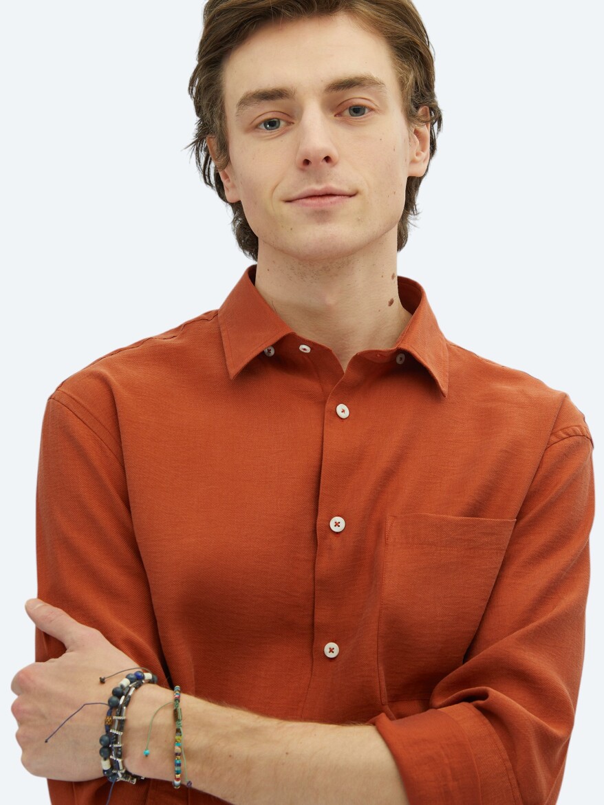 Tile Red Plain Oversize Fit Long Weaving Casual Shirt - 4