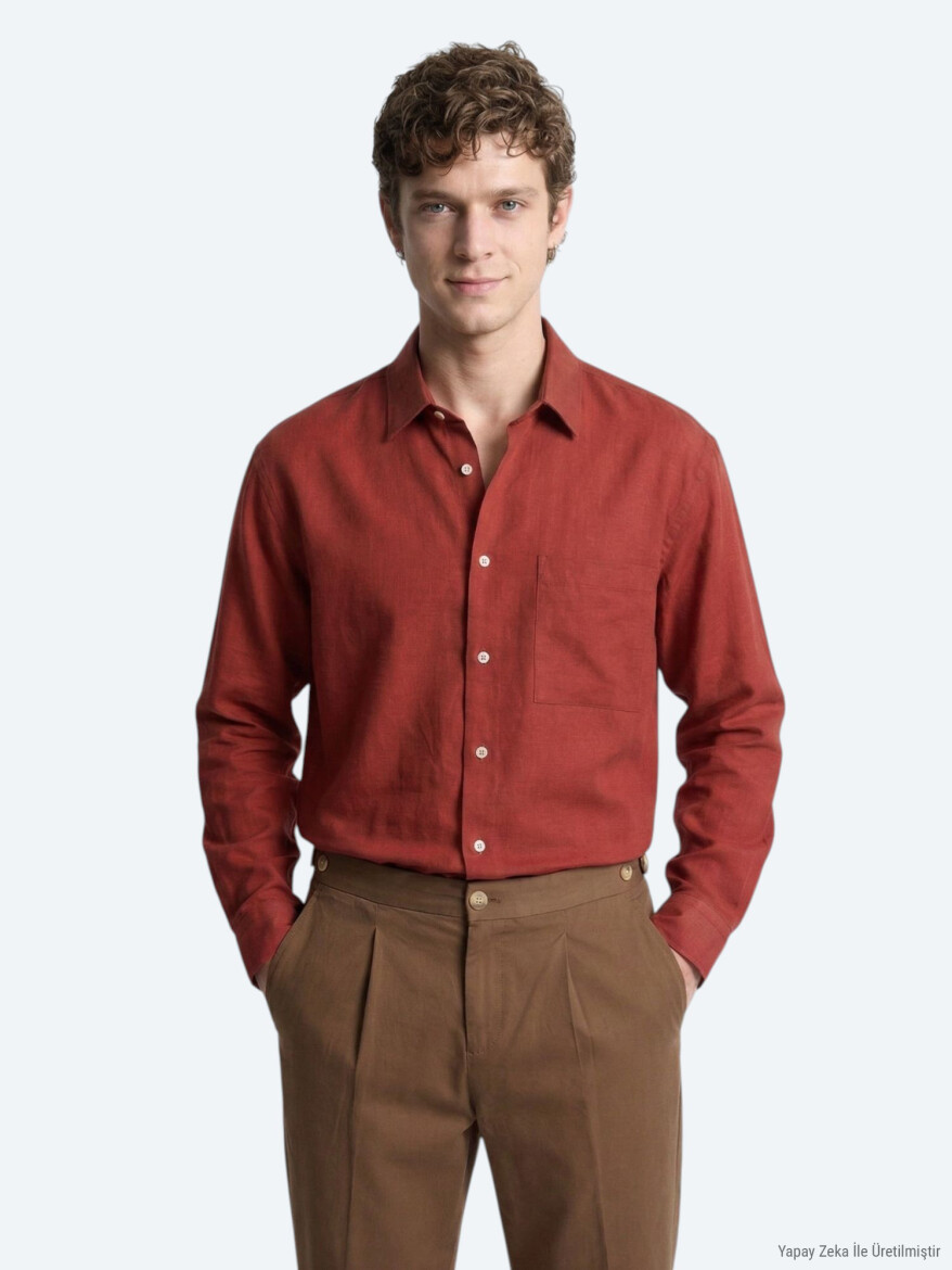 Tile Red Plain Oversize Fit Long Weaving Casual Shirt 