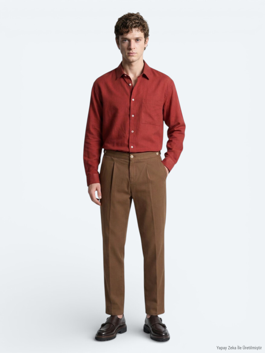 Tile Red Plain Oversize Fit Long Weaving Casual Shirt - 2