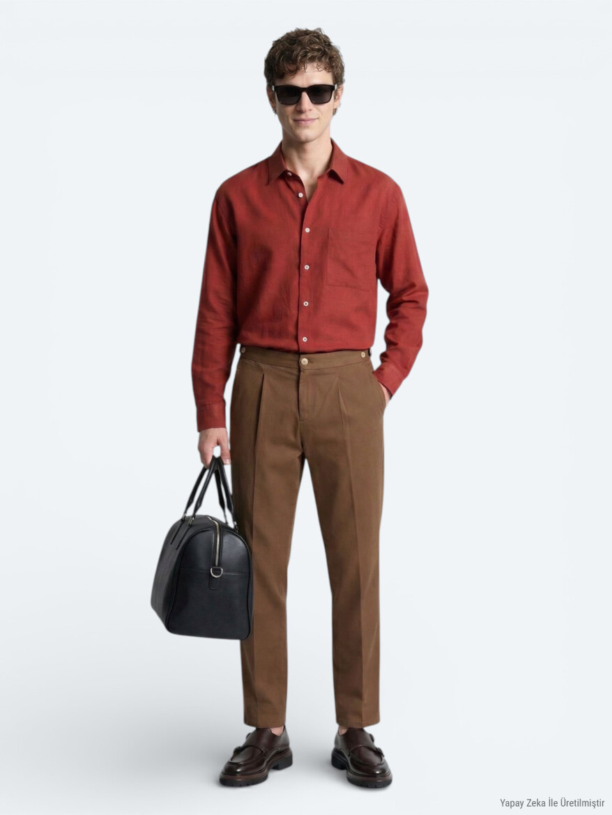 Tile Red Plain Oversize Fit Long Weaving Casual Shirt - 3