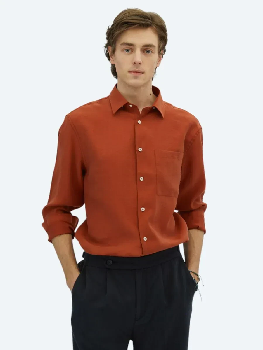 Tile Red Plain Oversize Fit Weaving Casual Shirt - 1