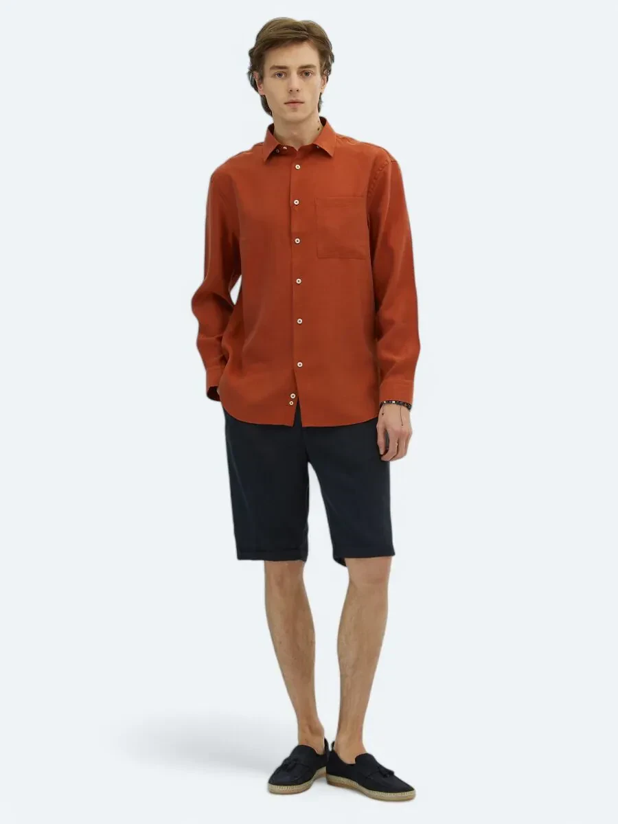 Tile Red Plain Oversize Fit Weaving Casual Shirt - 2
