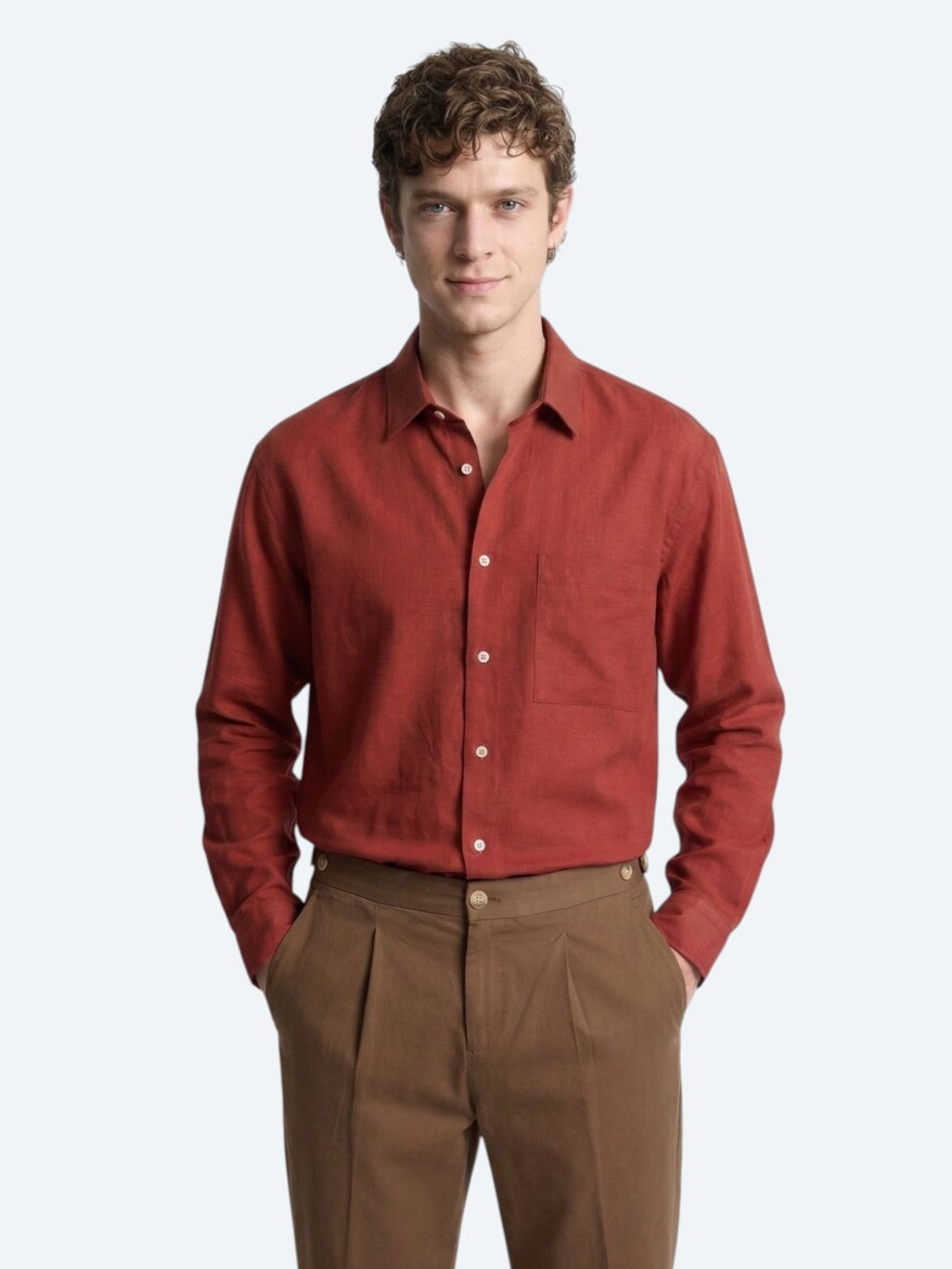 Tile Red Plain Oversize Fit Weaving Casual Shirt 