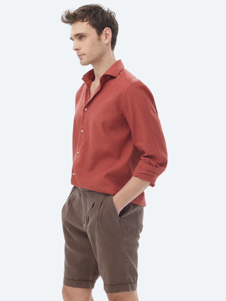 Tile Red Plain Regular Fit Long Weaving Casual Cotton Blended Shirt - 2