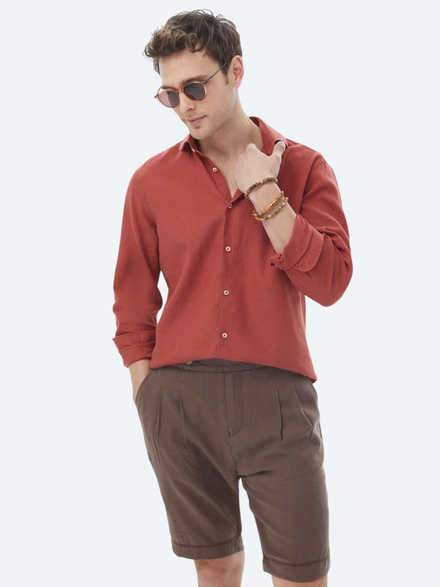 Tile Red Plain Regular Fit Long Weaving Casual Cotton Blended Shirt - 3