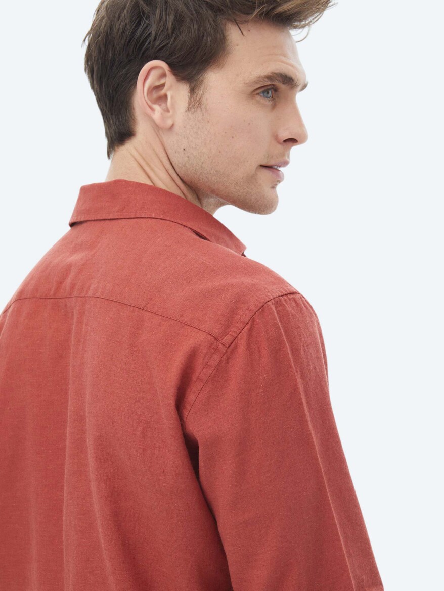 Tile Red Plain Regular Fit Long Weaving Casual Cotton Blended Shirt - 4